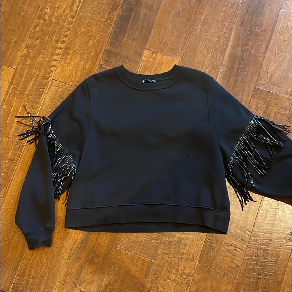 Zara Black Fringe Cropped Sweatshirt with Rhinestone Accents